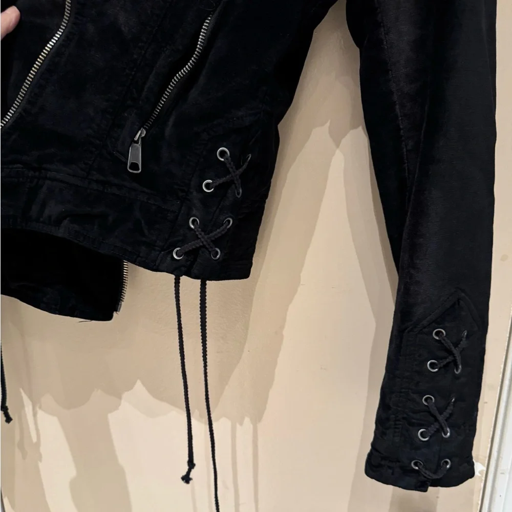 Free People Velvet Moto Laced Sleeve Zipper Jacket Black Size S - Picture 7 of 16